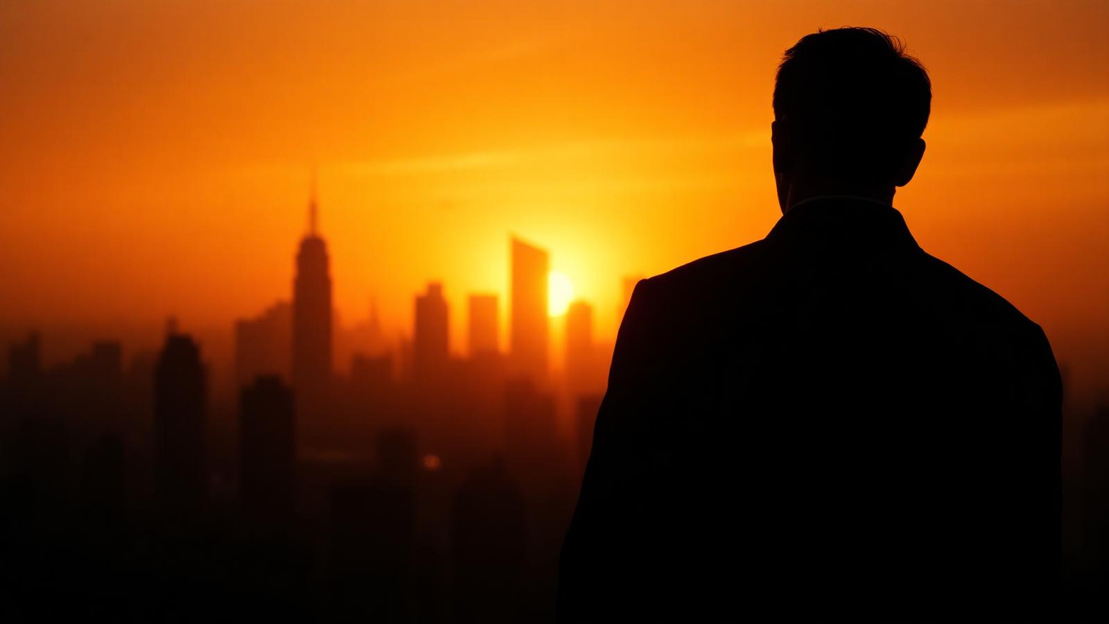 Silhueta de um empreendedor diante do horizonte dourado de uma cidade ao amanhecer